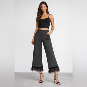 EMILY MCCARTY Wide Leg Feather Trim‎ Crop Pants Black Size L